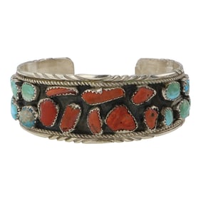 Vintage Navajo Turquoise & Coral Cuff Bracelet