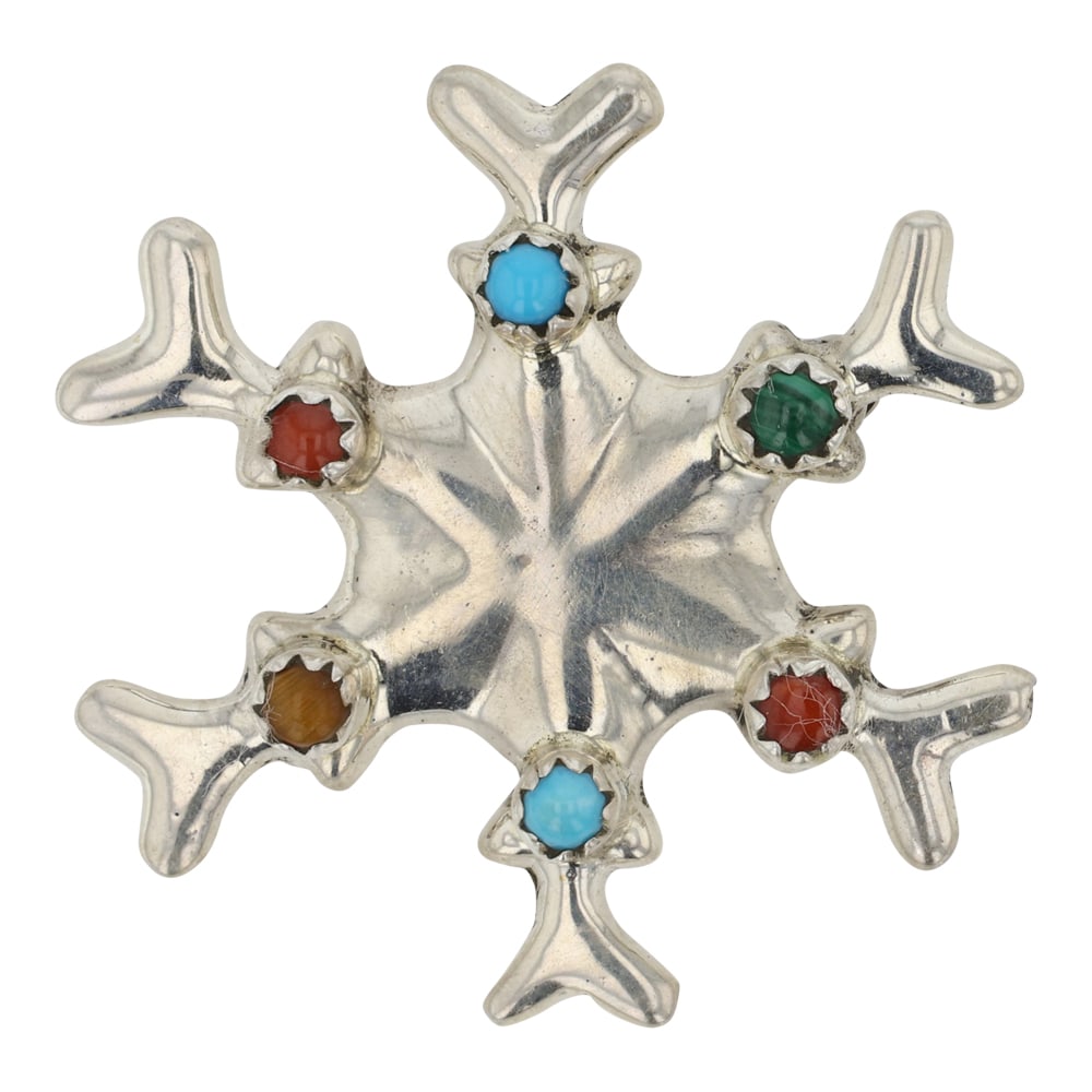 Navajo Turquoise Coral Malachite & Tiger's Eye Pin / Pendant: Sterling Silver | Genuine Turquoise, Coral, Malachite & Tiger's Eye | Navajo Turquoise Coral Malachite & Tiger's Eye Pin / Pendant | Navajo Native American Southwest Indian Jewelry | Good (no breaks o