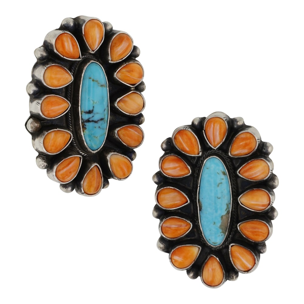 Louise Jim Navajo Turquoise & Spiny Oyster Cluster Earrings: Sterling Silver | Genuine Turquoise & Spiny Oyster | Louise Jim Navajo Turquoise & Spiny Oyster Cluster Earrings | Navajo Native American Southwest Indian Jewelry | Good (no breaks or damages) | Appro