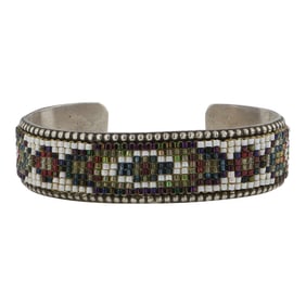 Vintage Navajo Stamp-Work & Glass Beadwork Rug Patter Design Bracelet