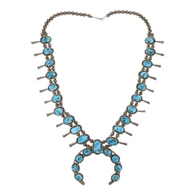 Vintage Navajo Sleeping Beauty Turquoise Squash Blossom Necklace