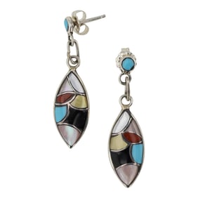 Zuni Turquoise Coral Acoma Jet Mother of Pearl & Shell Inlay Earrings