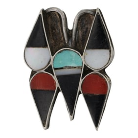 Vintage Zuni Turquoise Coral & Shell Inlay Pin