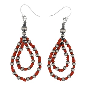 Navajo Mediterranean Coral & Oxidized Beads Earrings