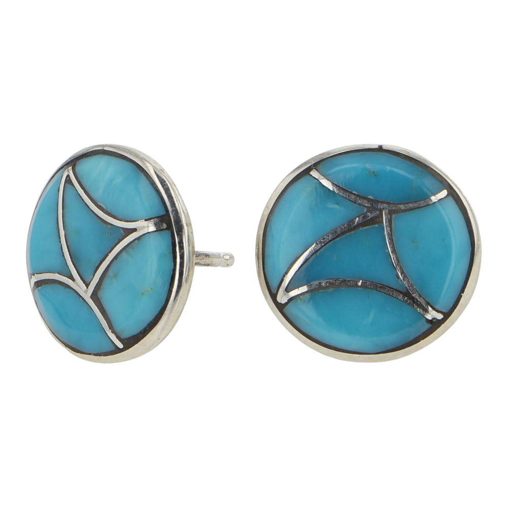 Zuni Turquoise Inlay Earrings: Sterling Silver | Genuine Turquoise | Zuni Turquoise Inlay Earrings | Zuni Native American Southwest Indian Jewelry | Good (no breaks or damages) | Approximate Weight: 2Grams | Earrings: .5" x .5" eac