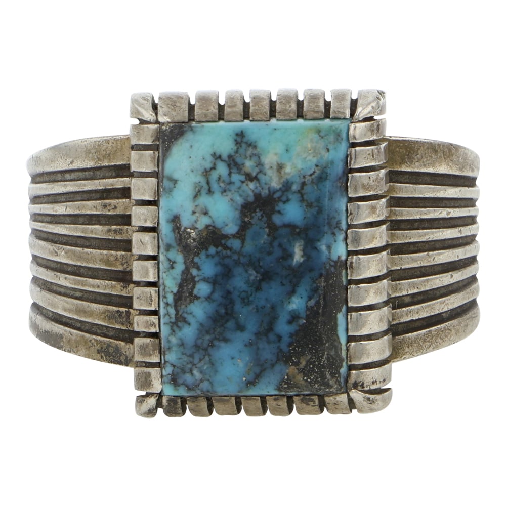 Isaiah Ortiz San Felipe Pueblo Award Winning Talented Artist Morenci Turquoise Ring: Sterling Silver | Genuine Morenci Turquoise | Isaiah Ortiz San Felipe Pueblo Award Winning Talented Artist Morenci Turquoise Ring | San Felipe Pueblo Native American Southwest Indian Jewelry | Good (n