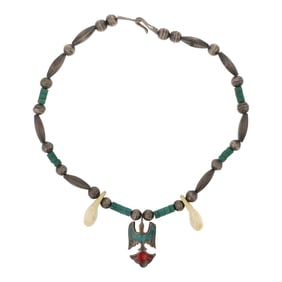 Vintage Navajo Turquoise & Coral Peyote Bird Choker Necklace
