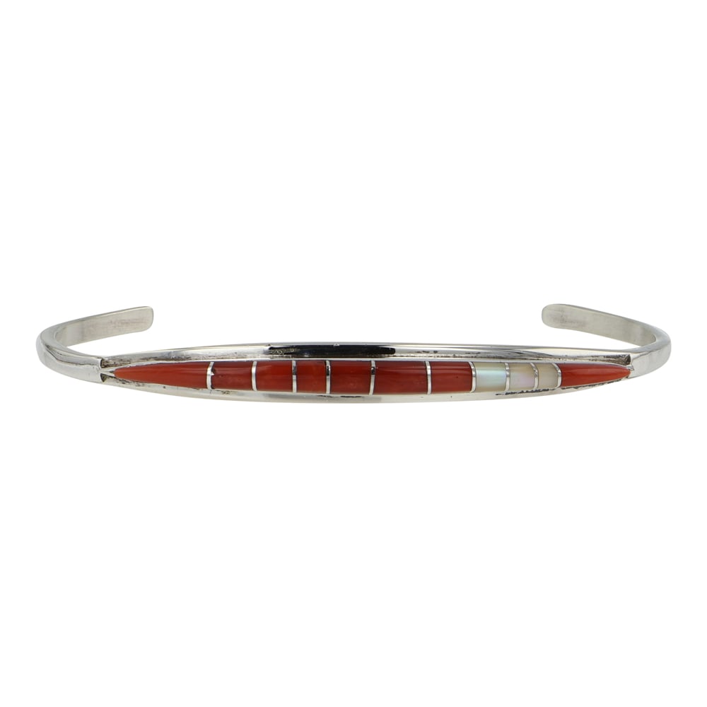 Zuni Mediterranean Coral & Mother of Peral Inlay Bracelet: Sterling Silver | Genuine Mediterranean Coral & Mother of Pearl | Zuni Mediterranean Coral & Mother of Peral Inlay Bracelet | Zuni Native American Southwest Indian Jewelry | Good (no breaks or damages