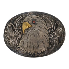 Vintage Navajo Mediterranean Coral Sterling Silver & Gold Filled Eagle Belt Buckle