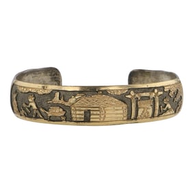 Vintage Navajo Sterling Silver & Gold Gilled Story Teller Cuff Bracelet