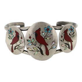 Vintage Zuni Mediterranean Coral Sleeping Beauty Turquoise & Mother of Pearl Inlay Bracelet