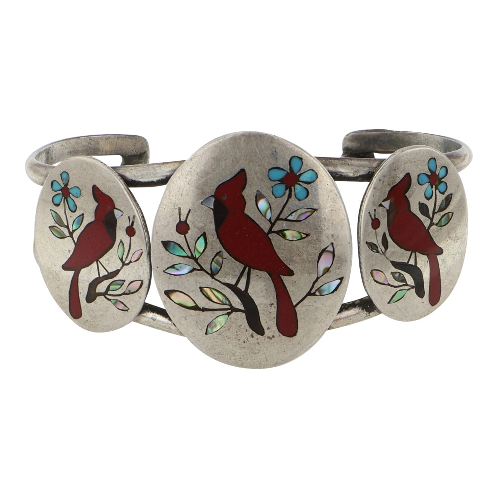 Vintage Zuni Mediterranean Coral Sleeping Beauty Turquoise & Mother of Pearl Inlay Bracelet: Sterling Silver | Genuine Mediterranean Coral | Vintage Zuni Mediterranean Coral Sleeping Beauty Turquoise & Mother of Pearl Inlay Bracelet | Zuni Native American Southwest Indian Jewelry | Good (no b