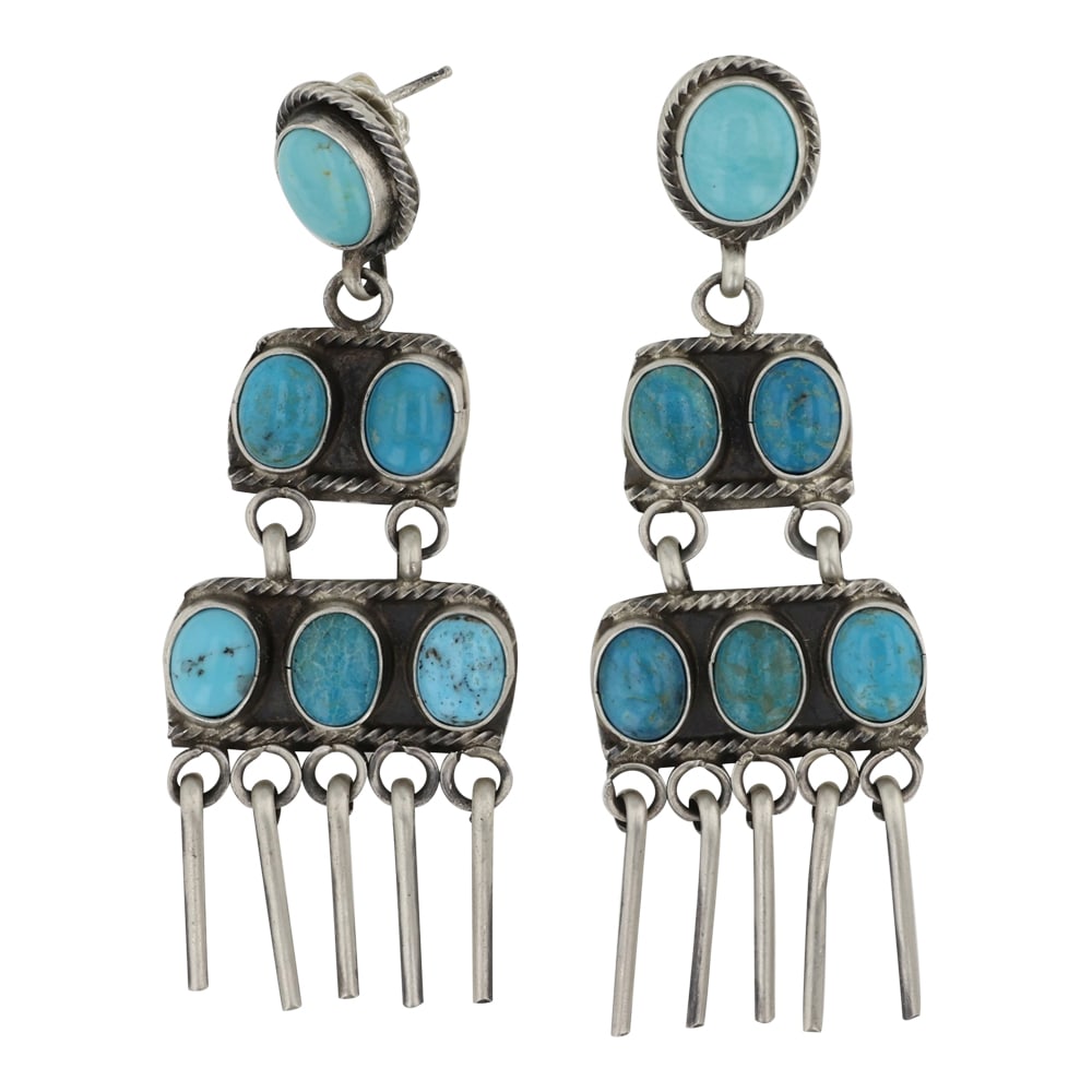 Juanita McDonald Compitos Turquoise Chandelier Earrings: Sterling Silver | Genuine Compitos Turquoise | Juanita McDonald Compitos Turquoise Chandelier Earrings | Navajo Native American Southwest Indian Jewelry | Good (no breaks or damages) | Approximate Wei