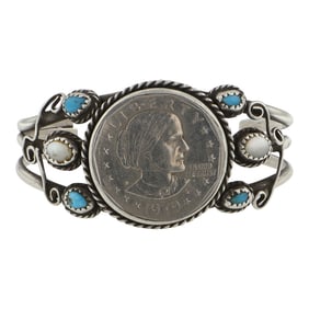Vintage Navajo Turquoise & Mother of Pearl Susan B Anthony Dollar Bracelet