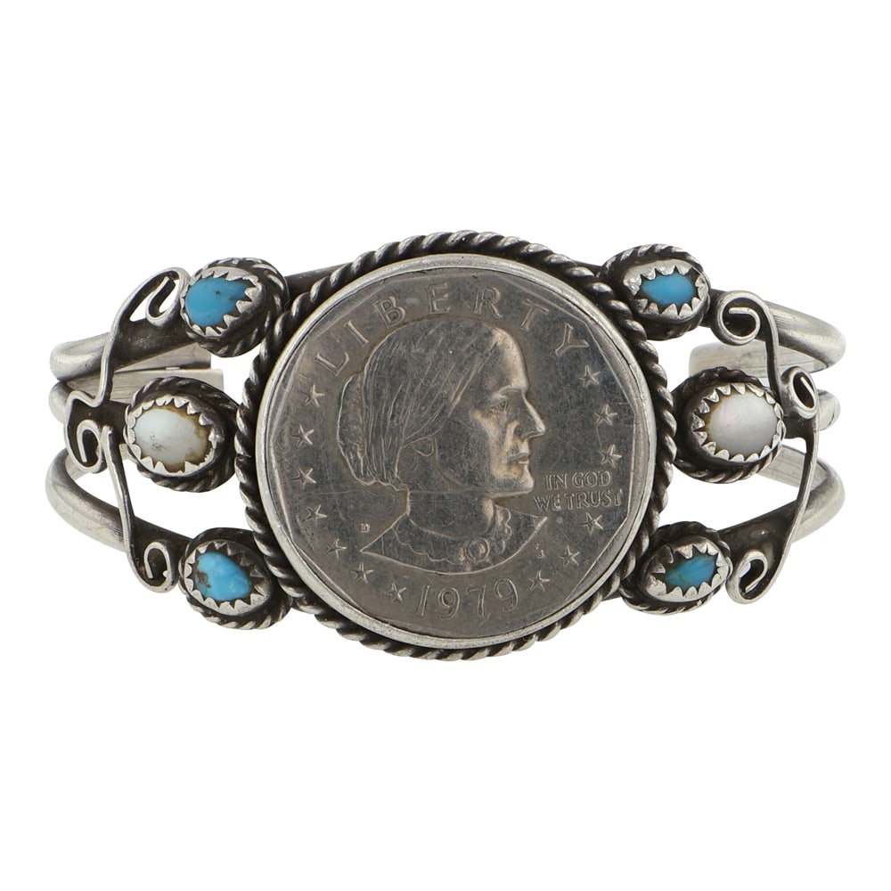 Vintage Navajo Turquoise & Mother of Pearl Susan B Anthony Dollar Bracelet (1 of 3)