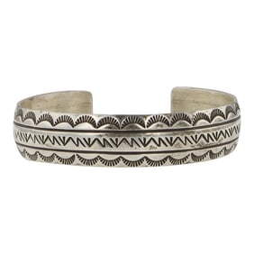 Vintage Navajo Plain Silver Stamp-Work Cuff Bracelet