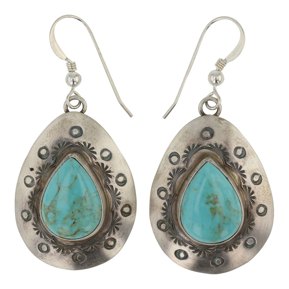 Renell Perry Navajo Nevada Turquoise Earrings: Sterling Silver | Genuine Nevada Turquoise | Renell Perry Navajo Nevada Turquoise Earrings | Navajo Native American Southwest Indian Jewelry | Good (no breaks or damages) | Approximate Weight: 8 Grams