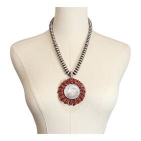 Paul Livingston Navajo Ox Blood Mediterranean Coral & Morgan Dollar Large Roundell Beads Cluster