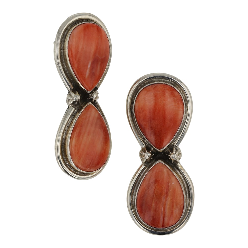 Eddie Secatero Navajo Spiny Oyster Earrings: Sterling Silver | Genuine Spiny Oyster | Eddie Secatero Navajo Spiny Oyster Earrings | Navajo Native American Southwest Indian Jewelry | Good (no breaks or damages) | Approximate Weight: 18 Grams | Ea