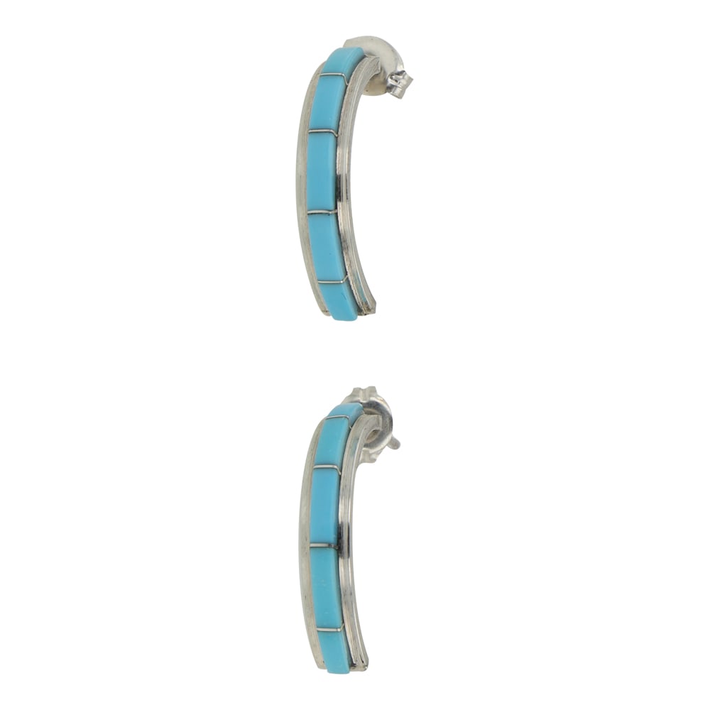 Zuni Turquoise Inlay Earrings: Sterling Silver | Genuine Turquoise | Zuni Turquoise Inlay Earrings | Zuni Native American Southwest Indian Jewelry | Good (no breaks or damages) | Approximate Weight: 2Grams | Earrings: 1" x .125" ea