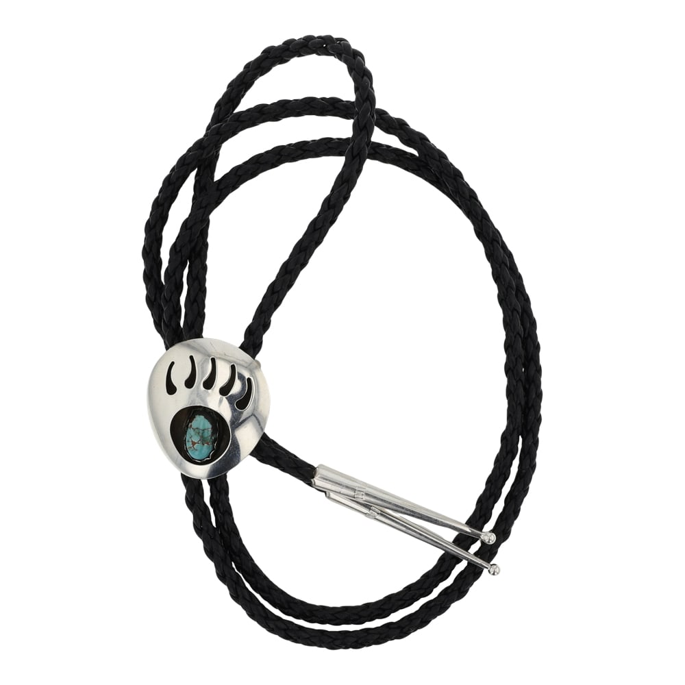Navajo Nevada Turquoise Bearpaw Bolo Tie: Sterling Silver | Genuine Nevada Turquoise | Navajo Nevada Turquoise Bearpaw Bolo Tie | Navajo Native American Southwest Indian Jewelry | Good (no breaks or damages) | Approximate Weight: 20 Grams | B