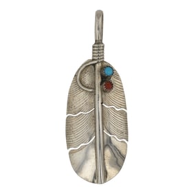 Vintage Navajo Turquoise & Coral Feather Pendant