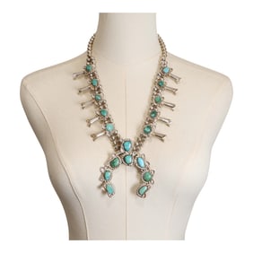 Vintage Navajo Nevada Turquoise Squash Blossom Necklace