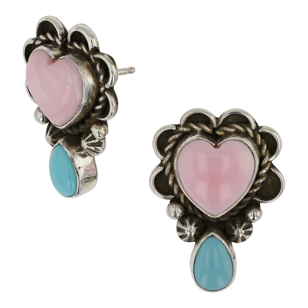 Navajo Turquoise & Pink Conch Earrings: Sterling Silver | Genuine Pink Conch & Turquoise | Navajo Turquoise & Pink Conch Earrings | Navajo Native American Southwest Indian Jewelry | Good (no breaks or damages) | Approximate Weight: 6 Grams 
