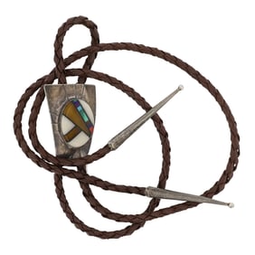 Vintage Navajo Shell Tiger's Eye & Malachite Inlay Bolo Tie