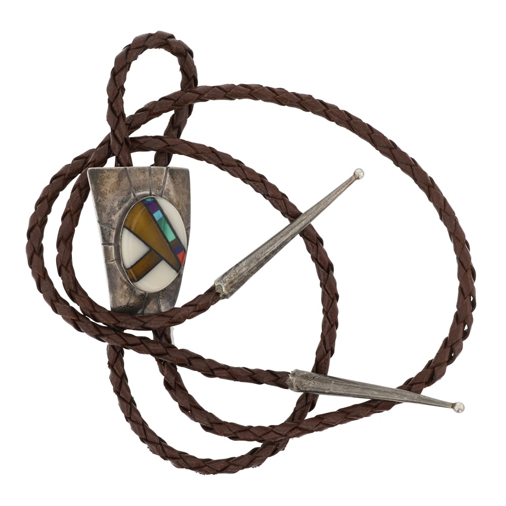 Vintage Navajo Shell Tiger's Eye & Malachite Inlay Bolo Tie: Sterling Silver | Genuine Shell, Tiger's Eye & Malachite | Vintage Navajo Shell Tiger's Eye & Malachite Inlay Bolo Tie | Navajo Native American Southwest Indian Jewelry | Good (no breaks or damages) |