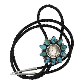 Vintage Kingman Turquoise & Barber Half Dollar Cluster Bolo Tie