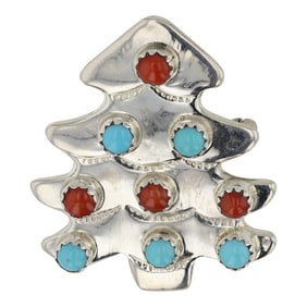 Navajo Turquoise & Coral Sandcast Tree Pin