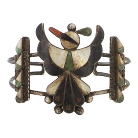 Vintage Zuni Turquoise Coral Jet & Shell Inlay Thunderbird Bracelet