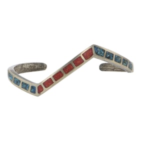 Vintage Navajo Turquoise & Coral Chip Inlay Bracelet