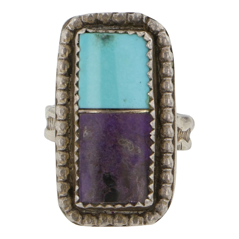 Vintage Navajo Turquoise & Charoite Ring: Sterling Silver | Genuine Turquoise & Charoite | Vintage Navajo Turquoise & Charoite Ring | Navajo Native American Southwest Indian Jewelry | Good (no breaks or damages) | Approximate Weight: 8 Grams 