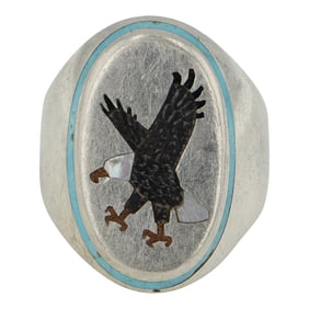 Vintage Zuni Turquoise Mother of Pearl Jet & Shell Inlay Eagle Men's Ring