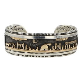 Carol Hatathlie Navajo Sterling Silver & Gold Filled Story Teller Cuff Bracelet