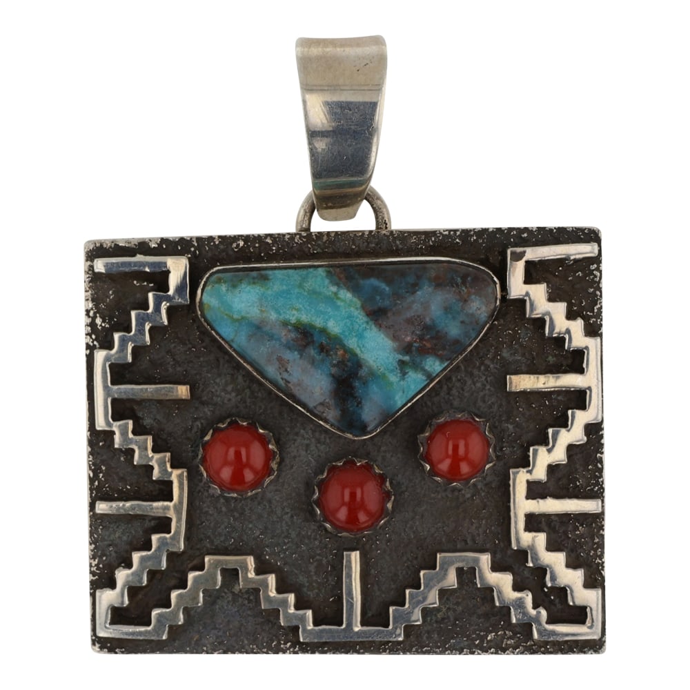 Tommy Jackson Award Winning Navajo Artist Bisbee Turquoise & Coral Pendant: Sterling Silver | Genuine Bisbee Turquoise & Coral | Tommy Jackson Award Winning Navajo Artist Bisbee Turquoise & Coral Pendant | Navajo Native American Southwest Indian Jewelry | Good (no breaks or d