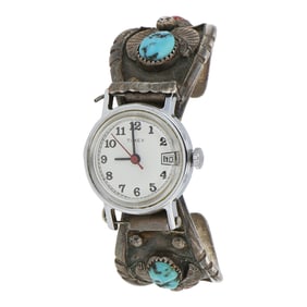 Vintage Navajo Turquoise & Coral Watch Bracelet
