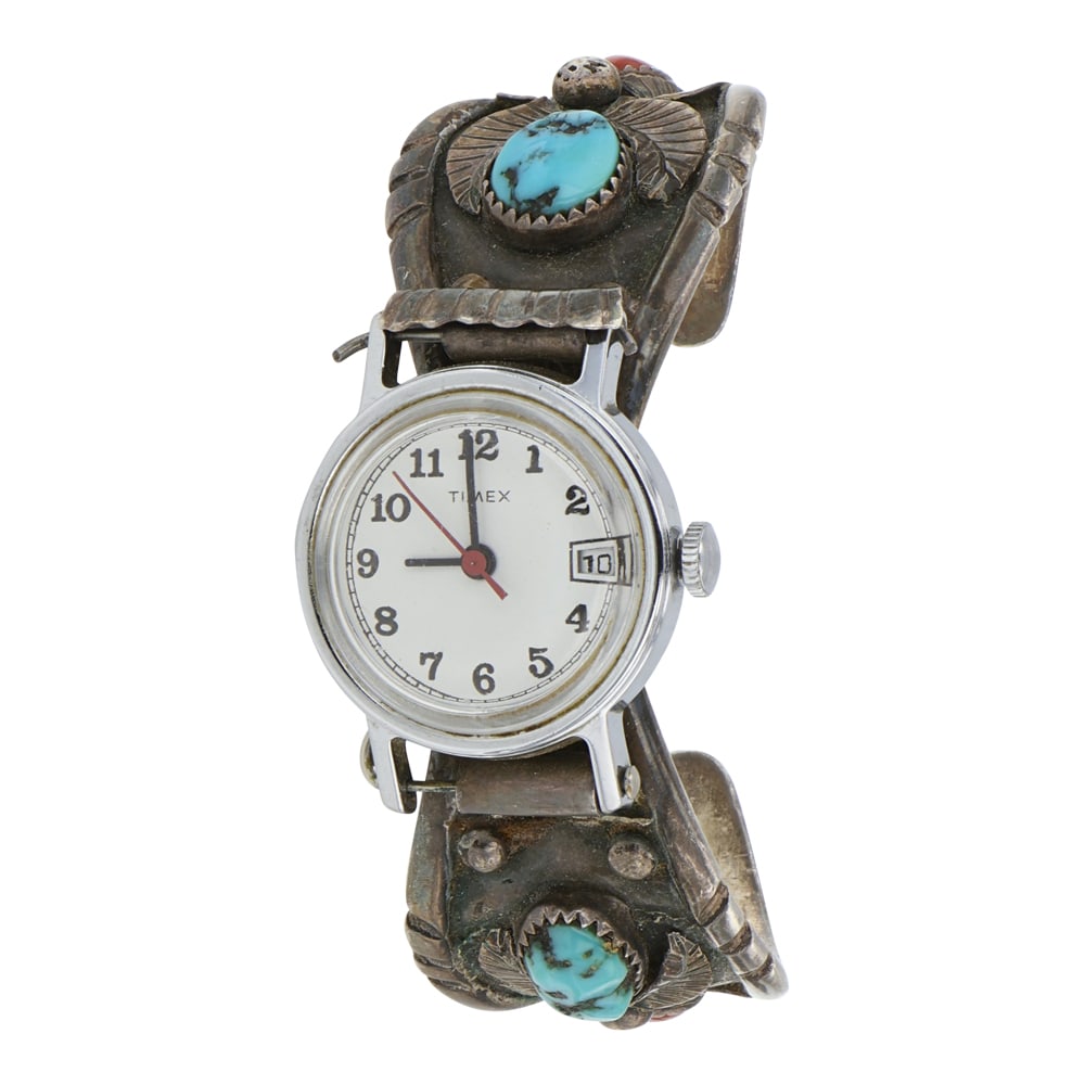 Vintage Navajo Turquoise & Coral Watch Bracelet: Sterling Silver | Genuine Turquoise & Coral | Vintage Navajo Turquoise & Coral Watch Bracelet | Navajo Native American Southwest Indian Jewelry | Good (no breaks or damages) | Approximate Weight: 42 G