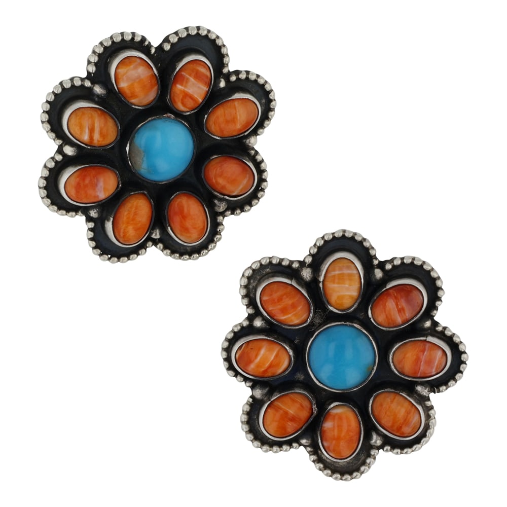 Rena Shelly Navajo Turquoise & Spiny Oyster Cluster Earrings: Sterling Silver | Genuine Turquoise & Spiny Oyster | Rena Shelly Navajo Turquoise & Spiny Oyster Cluster Earrings | Navajo Native American Southwest Indian Jewelry | Good (no breaks or damages) | Appr