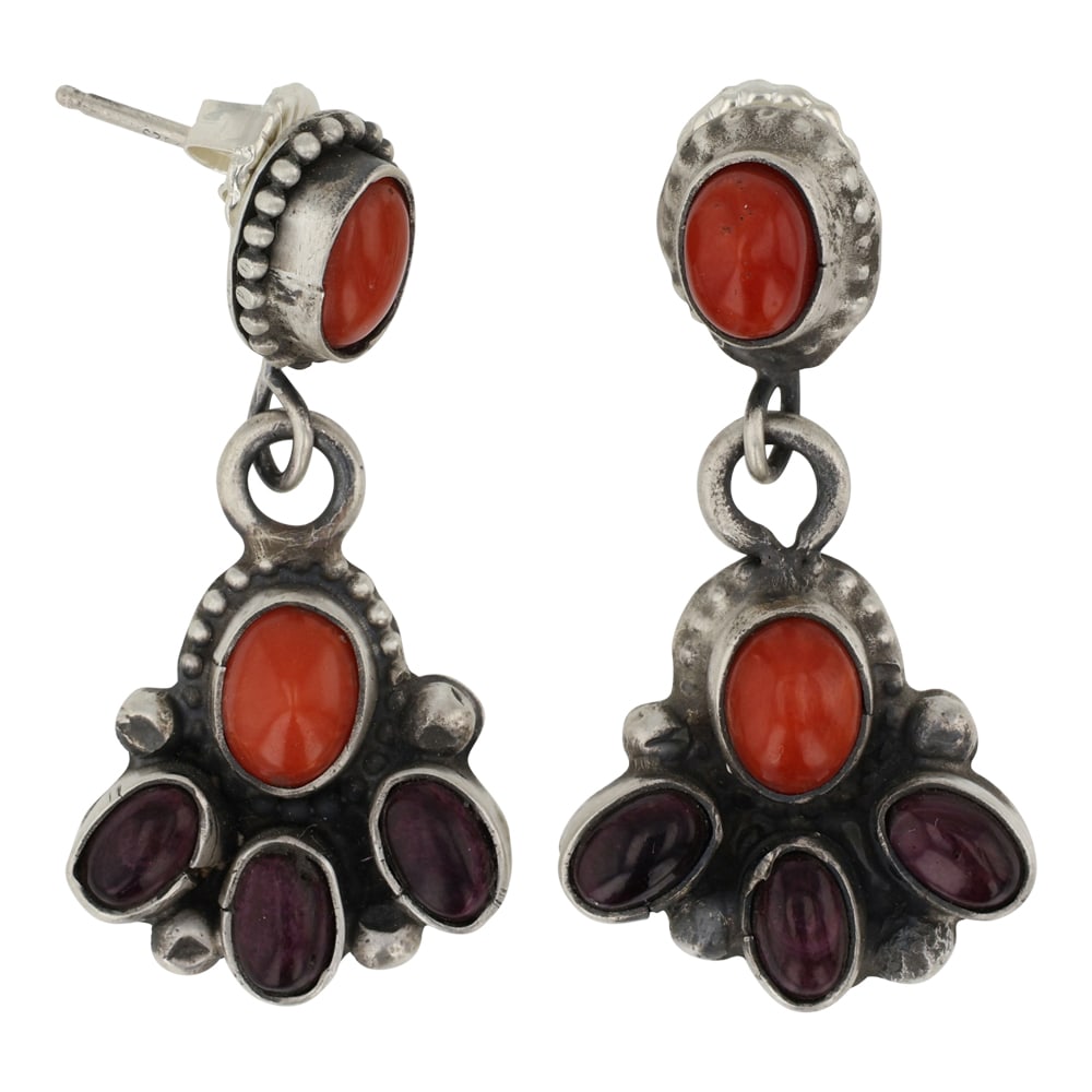 Juanita McDonald Navajo Coral & Purple Spiny Oyster Earrings: Sterling Silver | Genuine Coral & Spiny Oyster | Juanita McDonald Navajo Coral & Purple Spiny Oyster Earrings | Navajo Native American Southwest Indian Jewelry | Good (no breaks or damages) | Approxim