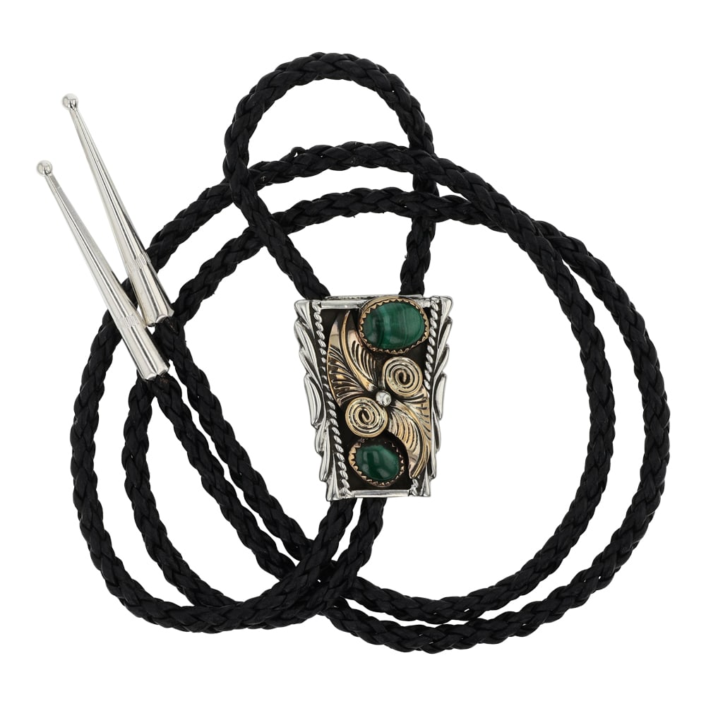 Navajo Sterling Silver & Gold Filled Malachite Bolo Tie: Sterling Silver | Genuine Malachite | Navajo Sterling Silver & Gold Filled Malachite Bolo Tie | Navajo Native American Southwest Indian Jewelry | Good (no breaks or damages) | Approximate Weight: 29 G