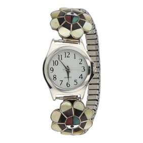 Zuni Turquoise Coral & Mussel Shell Inlay Watch bracelet