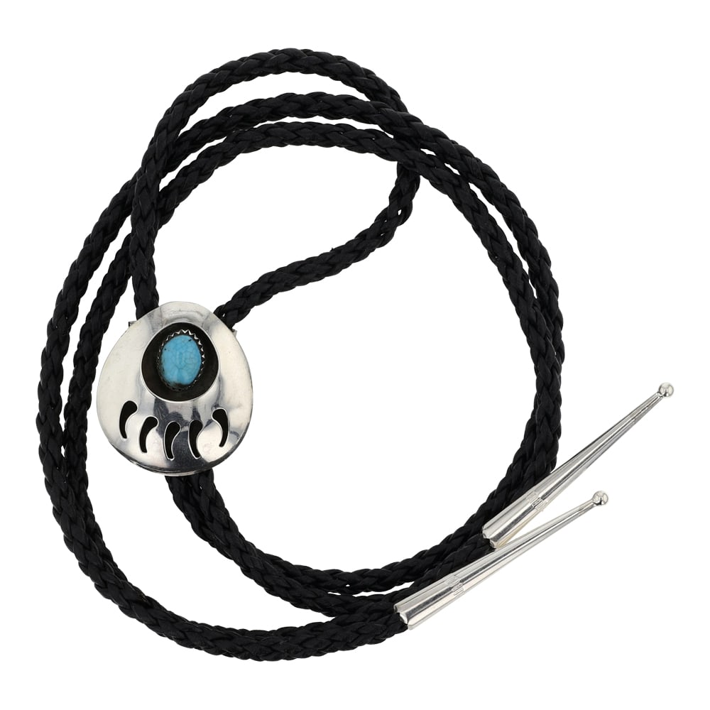 Navajo Kingman Turquoise Bearpaw Bolo Tie: Sterling Silver | Genuine Kingman Turquoise | Navajo Kingman Turquoise Bearpaw Bolo Tie | Navajo Native American Southwest Indian Jewelry | Good (no breaks or damages) | Approximate Weight: 19 Grams |