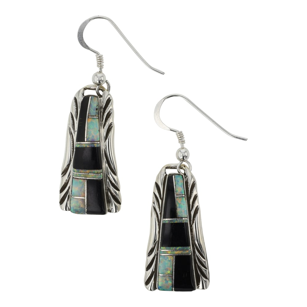 Navajo Acoma Jet & Synthetic Opal Inlay Earrings: Sterling Silver | Genuine Acoma Jet & Synthetic Opal | Navajo Acoma Jet & Synthetic Opal Inlay Earrings | Navajo Native American Southwest Indian Jewelry | Good (no breaks or damages) | Approximate We