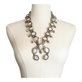 Vintage Navajo 1970's Mother of Pearl & Mediterranean Coral Squash Blossom Necklace