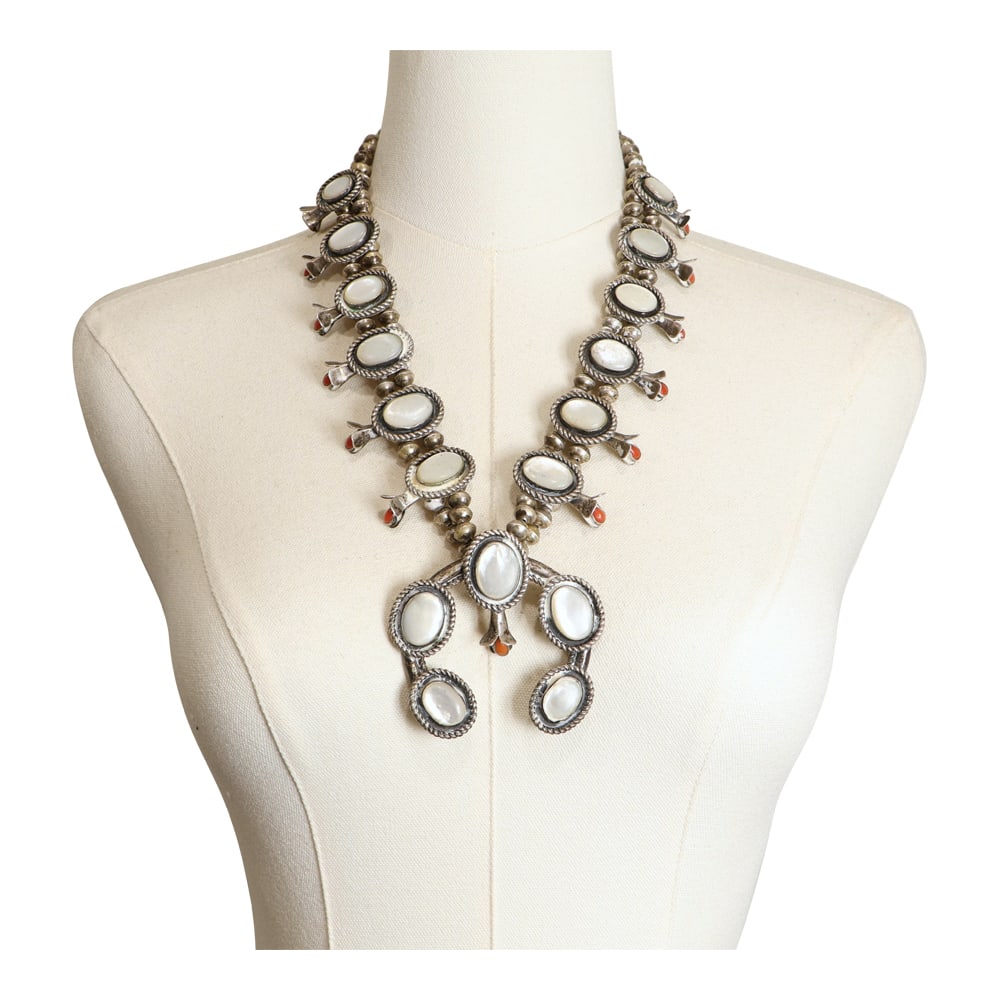 Vintage Navajo 1970's Mother of Pearl & Mediterranean Coral Squash Blossom Necklace (1 of 4)