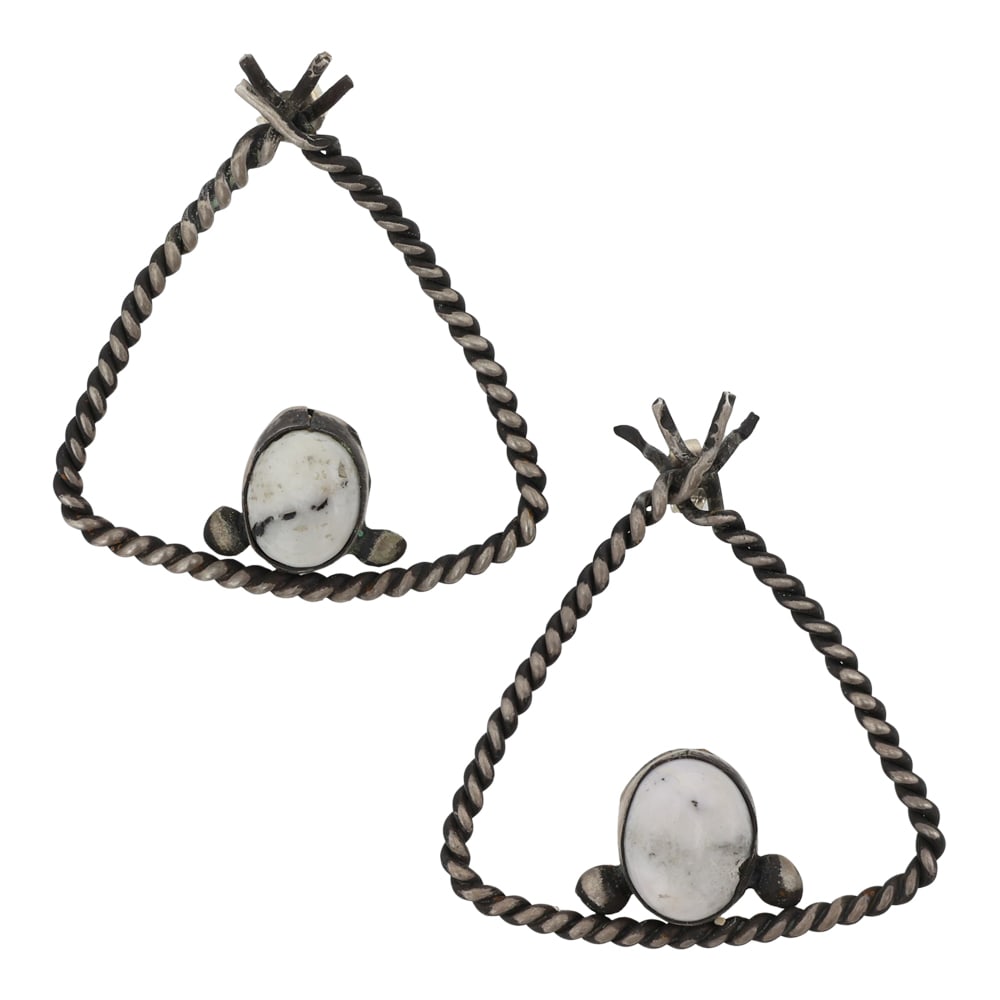 Navajo White Buffalo Teepee Earrings: Sterling Silver | Genuine White Buffalo | Navajo White Buffalo Teepee Earrings | Navajo Native American Southwest Indian Jewelry | Good (no breaks or damages) | Approximate Weight: 8 Grams | Earrings: