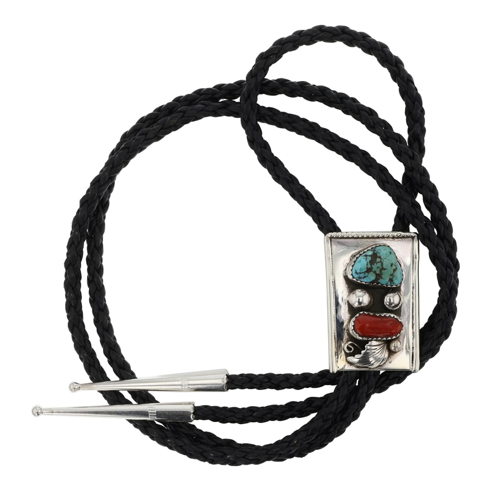 Navajo Turquoise & Coral Bolo Tie: Sterling Silver | Genuine Turquoise & Coral | Navajo Turquoise & Coral Bolo Tie | Navajo Native American Southwest Indian Jewelry | Good (no breaks or damages) | Approximate Weight: 29 Grams | Bolo: 1